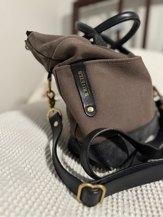 R. Riveter Handbags - R. Riveter Grey/Brown Canvas Crossbody Bag with Black Leather Trim & Brass